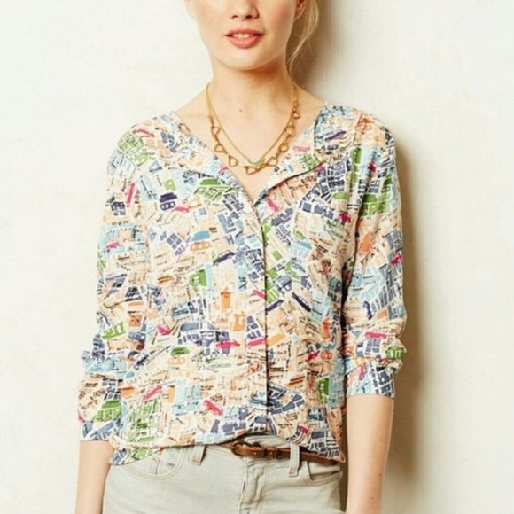 Anthropologie Maeve Cartography Button Down Top with Split Back Hem Size… - Picture 3 of 8